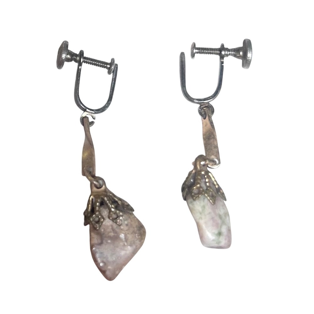 Vintage Screw Back Drop Earrings Natural Polished Stone Pink Green Filigree Cap